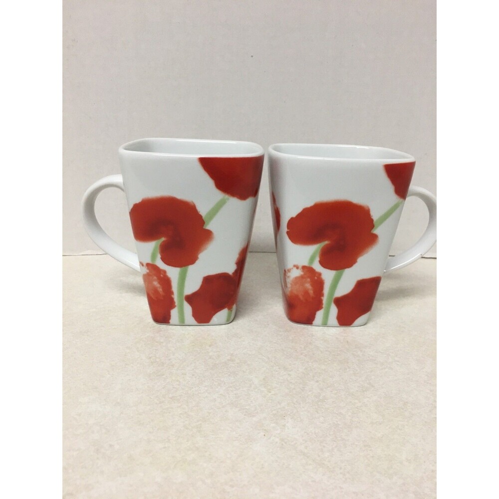 Food Network Porcelain Set Of 2 Poppy Flowers  Square Mugs 12oz
